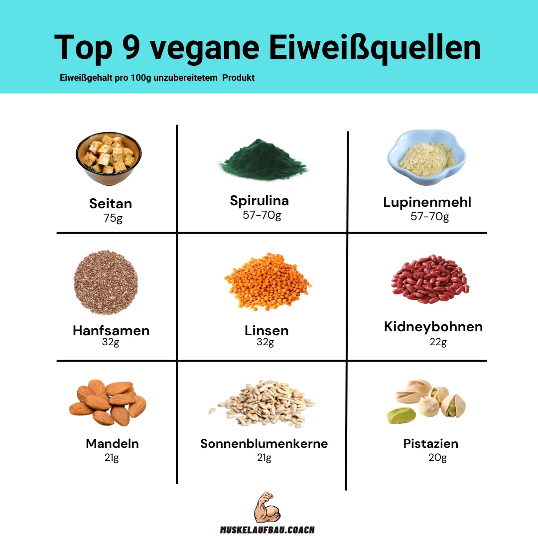 Übersicht der neun eiweißreichsten veganen Lebensmittel